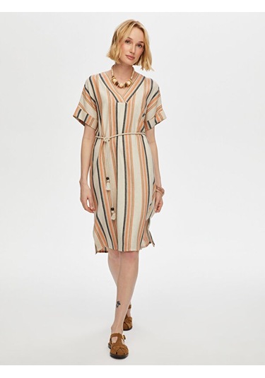 Çizgili Gömlek Yaka Kemerli Keten Karışımlı Elbise S25elb040 Us25elb04034 Bej