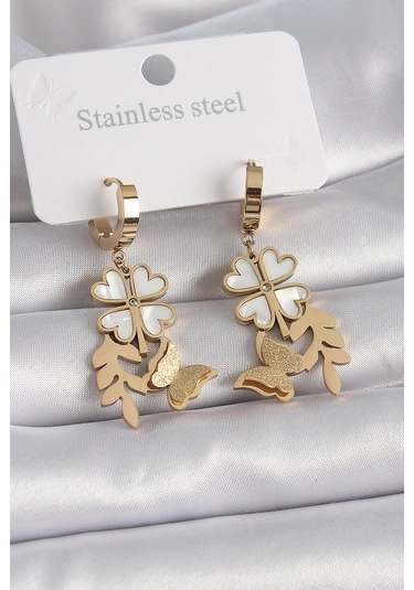 Dodes Dodes 316l Çelik Gold Renk Beyaz Sedefli Yonca Simli Kelebek Figür Kadın Küpe Tg27bkp9566 Çok Renkli