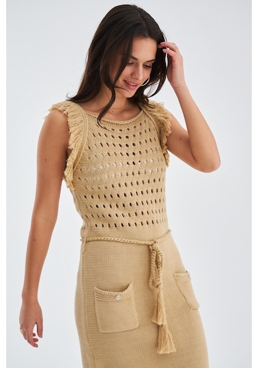 Peraluna Mıyokı Dress %100 Pamuk Diz Hizası Yazlık Kadın Triko El Bej