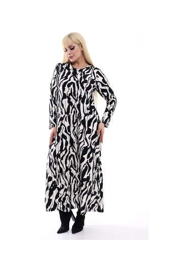 Kadın Büyük Beden Yumuşak Dokulu Beyaz Siyah Desenli Elbise Siyah - Beyaz Desen