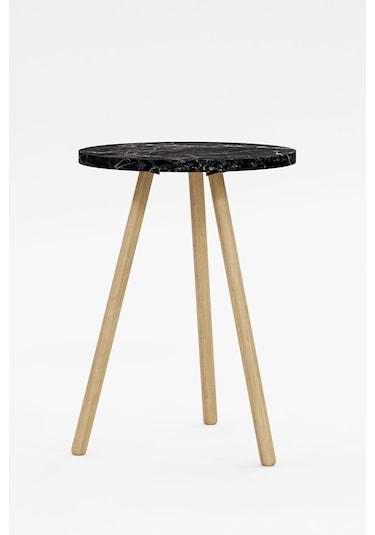 İntergo Yuvarlak Ahşap Ayaklı Tekli Zigon Yan Sehpa Siyah Mermer
