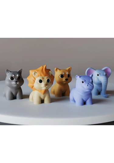 Renkli Mini Hayvan Figürleri Seti - Aslan, Kedi, Köpek, Fil, Su Aygırı Küçük Boy 5'li Paket