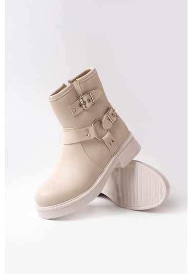 02-2013 Bej Toka Aksesuarlı Fermuarlı Günlük Kadın Bot-bej Bej