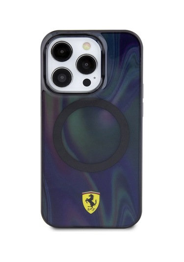 İphone Uyumlu 15 Pro Kılıf Ferrari Lisanslı Magsafe Uyumlu Transparan Renk Geçişli Iridescent Kapak Siyah