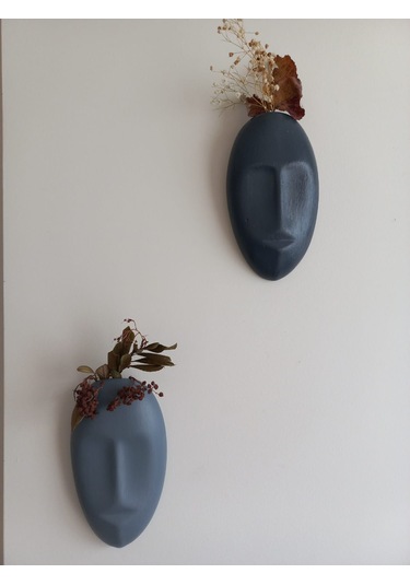 Dekoratif 2'li Yüz Duvar Vazosu, Duvar Süsü ,heykel Aksesuar Antrasit Gri