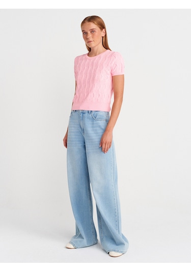 Dilvin 10788 Bisiklet Yaka Dokulu Triko Bluz-pembe Pembe