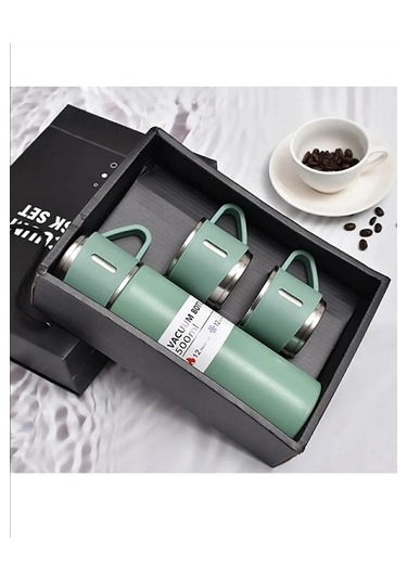 Dekorasyaa Paslanmaz Çelik 3 Bardaklı Termos 500 Ml - Yeşil - Çanta Hediyeli - 12 Saat Sıcak Soğuk Yeşil