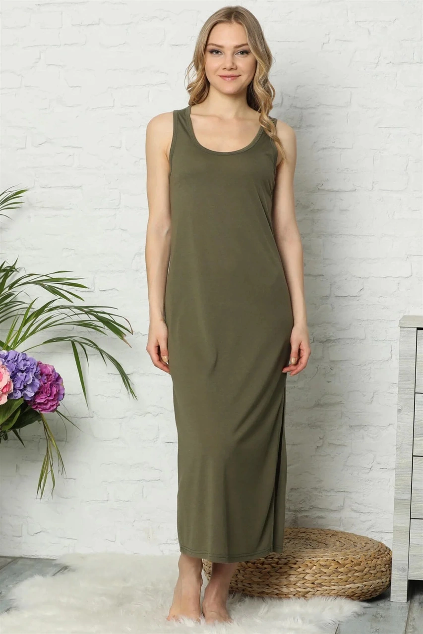 Moda Kalın Askılı Haki Penye Uzun Gecelik Haki