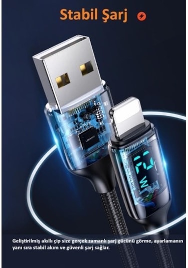 Usams Us-Sj543 Dijital Göstergeli,Çipli,Örgülü, 1.2M 2.4A Lightni