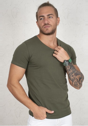 Deepsea Haki V Yaka Slim Fit Erkek Tişört 1801165 Haki Deepsea Haki V Yaka Slim Fit Erkek Tişört 1801165 Haki
