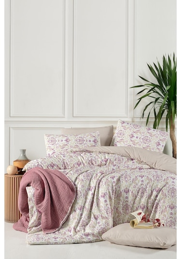 Lastikli Çarşaflı Tek Kişilik Nevresim Takımı İvy Krem Mor
