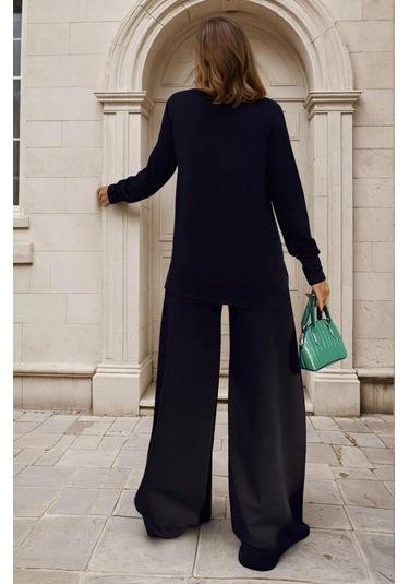 Kadın Uzun Kollu Sweatshirt , Bol Paça Beli Lastikli Cepli Pantolon - Alt & Üst Takım 3485500 Siyah