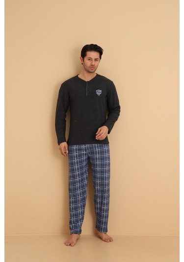 Flkn 7015 İnterlok Kışlık Ekose Pijamalı Erkek Pijama Takımı Antrasit