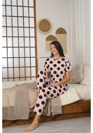 Kadın Yazlık Kısa Kol Penye Süprem Kumaş Pijama Takımı Pembe Puanlı