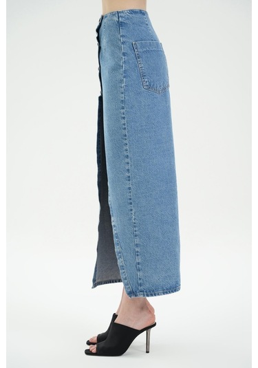 Açık Mavi Yüksek Bel Düğmeli Maxi Jean Etek C 4532-036 Açık Mavi