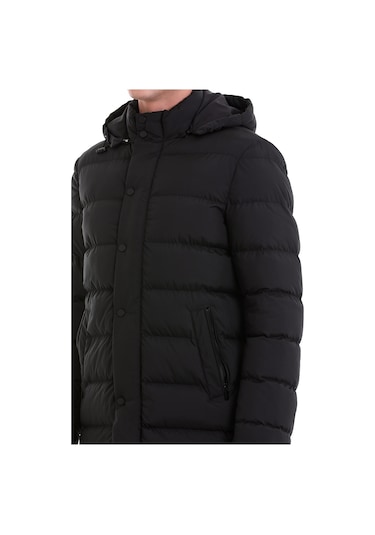 Hatemoğlu Siyah Slim Fit Hakim Yaka Kapüşonlu Basic Kaban 22232023A008 002 Siyah