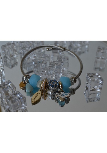 Uzel Çelik Gümüş Silver Model Forever Yazılı, Arı Charmlı Çelik Bileklik Mavi