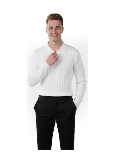Deepsea Erkek Beyaz Polo Yaka Fitilli Triko Kazak %100 Pamuk, Esnek Dokulu, Modern Kalıp 2605305 Beyaz