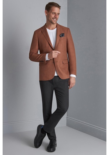 Erkek Kiremit Slim Fit / Dar Kalıp Mono Yaka Ceket-10538 Kahverengi