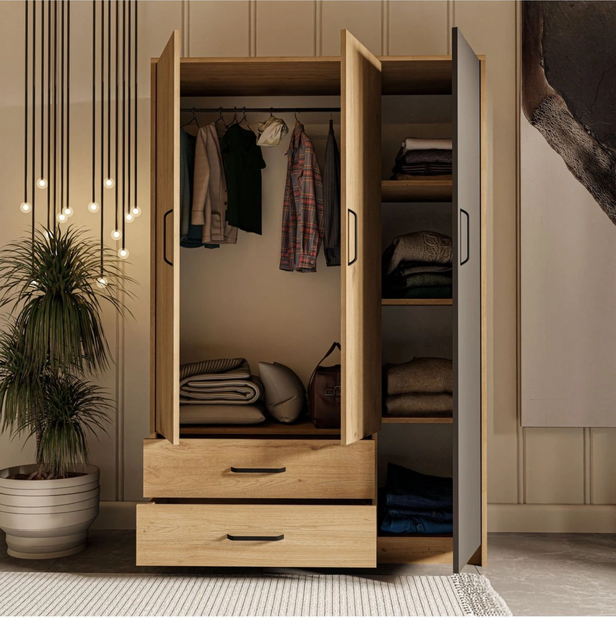 3508 GRANDE MODERN 3 KAPILI GARDROP SEPET-ANTRASİT