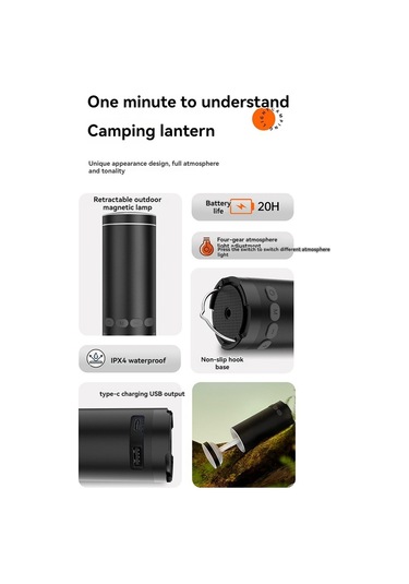 Açık Hava Kamp Feneri 8000mah Şarj Edilebilir Renkli Işıklar Siyah