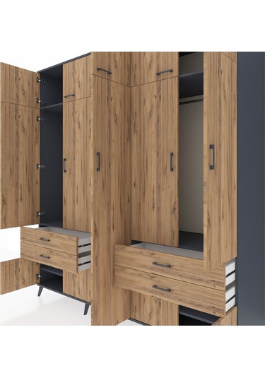 Kronos Dolap 12 Raflı 4 Çekmeceli 2 Askılı 220x59x243 Antrasit-çam/çam Atlas Çam/atlas Çam