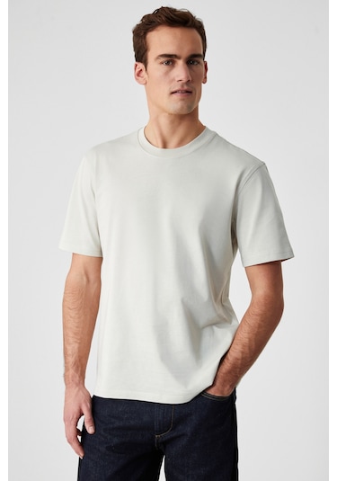 Grimelange Solo Erkek %100 Organik Pamuklu Kalın Dokulu Comfort Fit Bisiklet Yakalı Açık Bej T-shirt Açık Bej