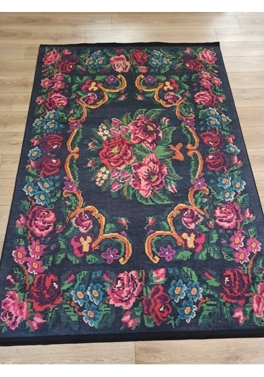 Çam Halı Gloria Td732 Siyah Karabağ Desen Dokuma Saçaklı Kilim