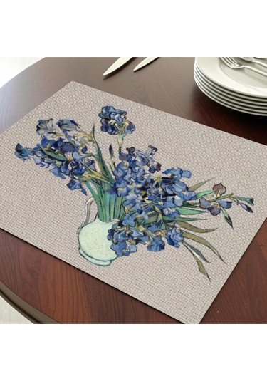 Vazoda İrisler Tasarımlı Amerikan Servis, Tabak Altlığı & Şık Masa Dekoru, Ev Hediyesi, 2 Adet Krem