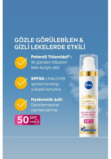 Nivea Luminous630 Thiamidol Etkili Leke Karşıtı Gündüz Yüz Kremi SPF50 UV Koruma Hyaluronik Asit 40 ML