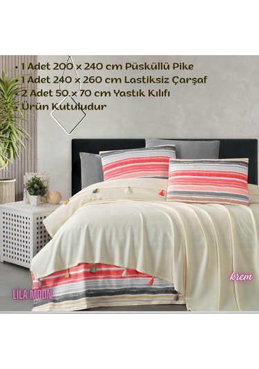 Valeria Tassel Krem Renkli Çift Kişilik Püsküllü Pike Takımı