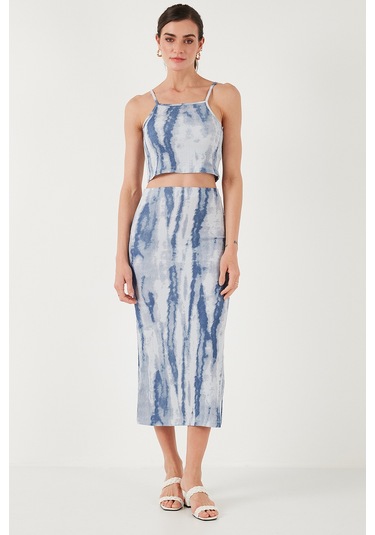 Lela Slim Fit Ip Askılı Yırtmaçlı Midi Alt-Üst Bayan Takım 5869021 Indigo