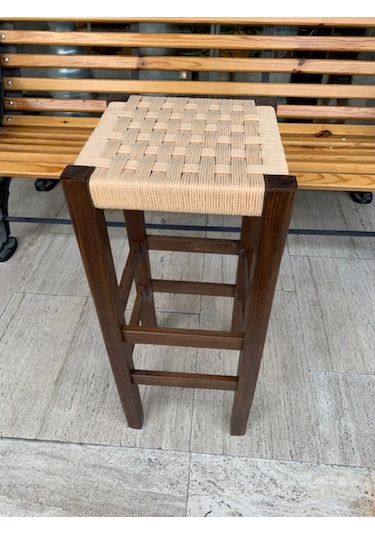 Ahşap Hasır Örgü 70 Cm. Bar Taburesi Koyu Ceviz Renk