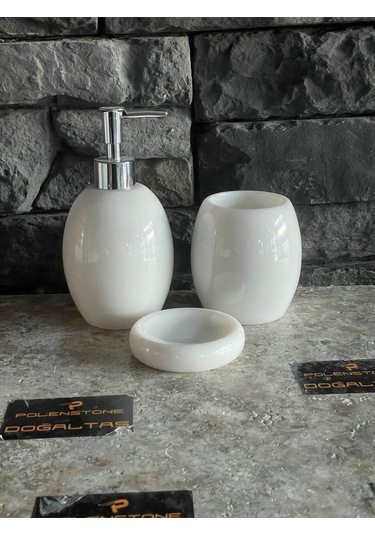 Beyaz Oval Mermer Mutfak/banyo Seti 3'lü Beyaz