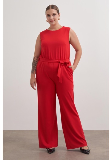 Pencere Detaylı Cepli Örme Tulum-6180 Kırmızı