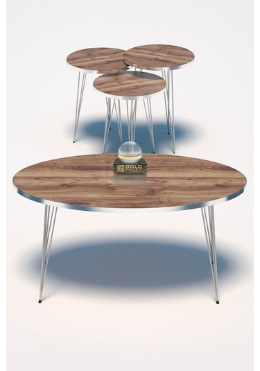 Zigon Sehpa Ve Orta Sehpa Elips Set Gümüş Ceviz Tel