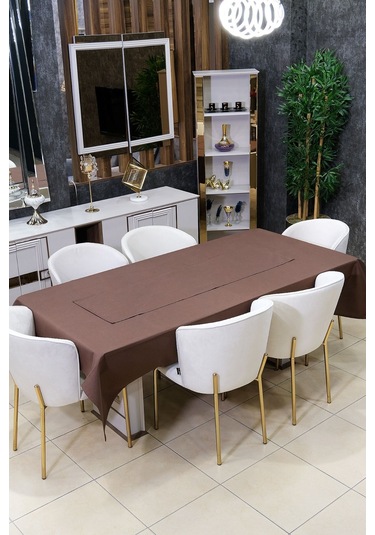 Dream 8 Parça Masa Örtüsü Seti Çeyiz Seti Salon Masa Örtüsü, Runner, 6'lı Peçete Kahverengi