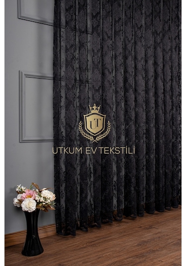Damask Desen Siyah Örme Tül Perde 1012