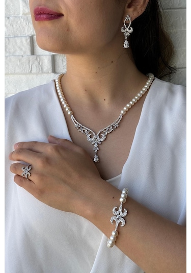 8,5 Mm Koç Başı Zirkon Taşlı İnci Kolye Bileklik Küpe Yüzük Dörtlü Set 10 / Rose Gümüş