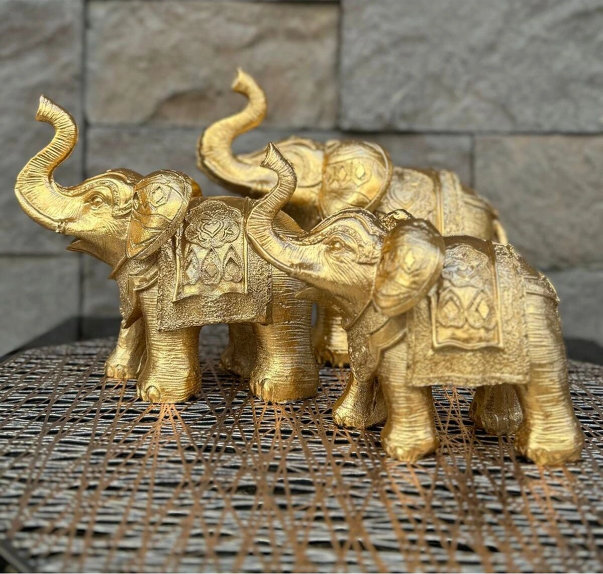 Dekoratif Polyester Üçlü Fil Biblo Gold