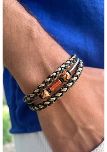 Örgülü El İşçiliği İle Üretilmiş Hakiki Deri Erkek Bileklik Çok Renkli