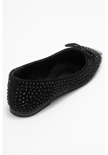 Abra Siyah Süet Taşlı Fiyonklu Kadın Babet Ayakkabı Siyah Süet