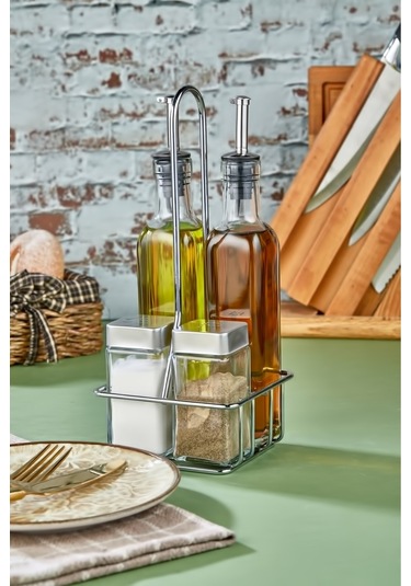 Cooker 5 Parça Standlı Cam Yağdanlık Sirkelik Sosluk Baharatlık Seti Ckr1228 Gri