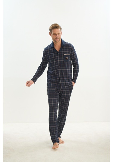 Erkek Uzun Kol Gömlek Yaka Önden Düğmeli Lacivert Pijama Takım C5t3n5o9 001