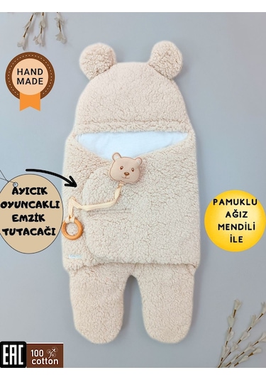 Bebek Dış Kundak Battaniyesi Pelüş Ayaklı Welsoft Uyku Tulumu Kışlık Mont Yenidoğan 0-12 Ay Bej