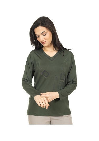 Kadın Orta Yaş Ve Üzeri Yeni Model V Yaka Taş İşlemeli Anne Penye Bluz 30560-haki Yeşili Haki Yeşili