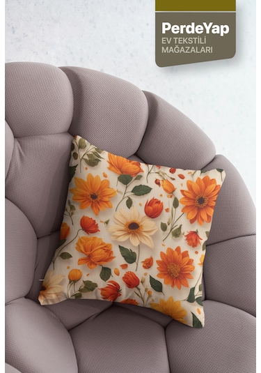 Bal Kabağı Ve Rengârenk Çiçekler Desenli 4'lü Kırlent Kılıfı