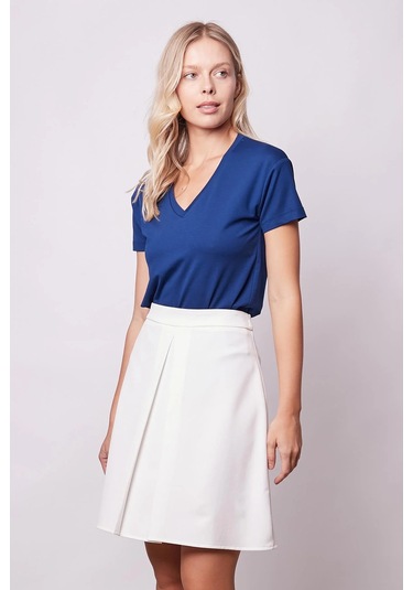 Kadın Yüksek Bel Hafif Likralı Kumaş Pilikaşeli Diz Boy Çan Etek-krem Krem