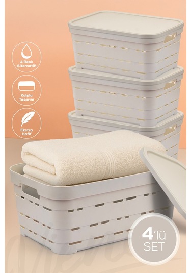 Vienev 4'lü Kapaklı 10,8 Litre Delikli Saklama Kutusu Bej Bej