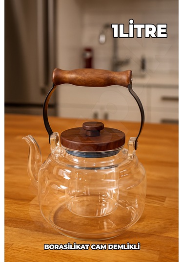 Akasya Kapaklı Ve Üstten Saplı Yuvarlak Cam Demlik - Isıya Dayanıklı - Cam Demlikli - 3 Parça Cam